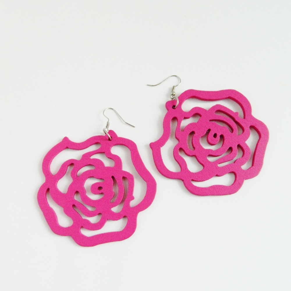 Large Pink Wood Flower Earrings NWT